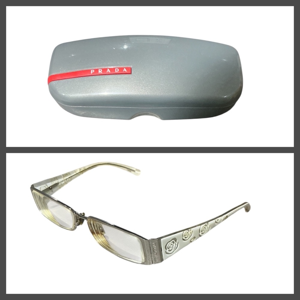 Mui Mui Authentic Silvertone Glasses Frames w/ Embossed Floral Arms +Prada Case